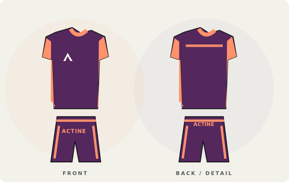 Proposed front and back garment illustration for Women’s Basketball, with original ACTINE icon placement