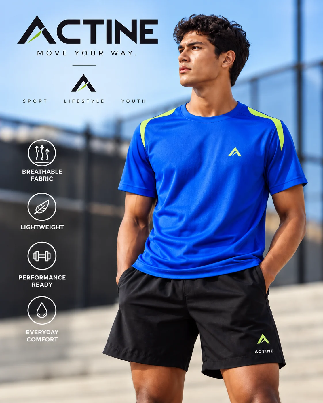 ACTINE cobalt-blue performance training top with bright lime shoulder accents and coordinating black shorts.