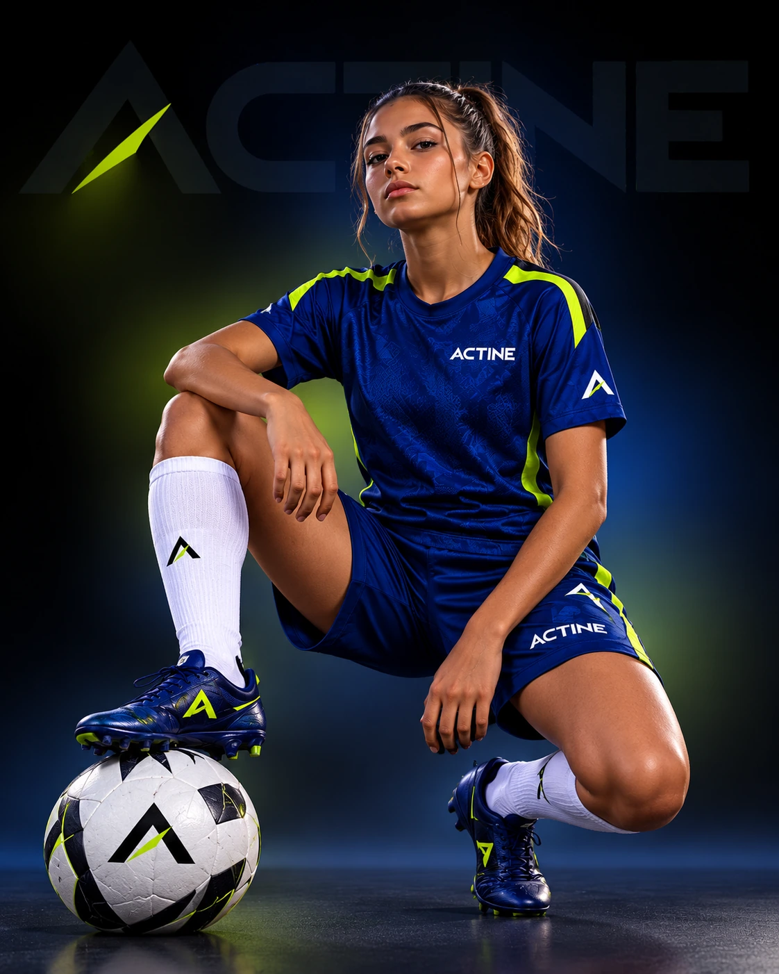 Confident female ACTINE footballer in a deep cobalt-blue jersey and matching shorts with electric-lime shoulder accents, ACTINE logo on the chest, and football boots with one foot resting on a ball.
