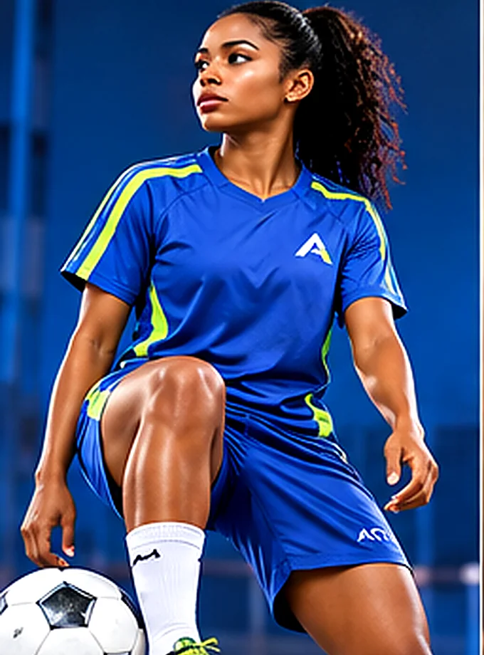 Illustrative ACTINE Football collection mood image of a female athlete; design concept, not a manufactured product.