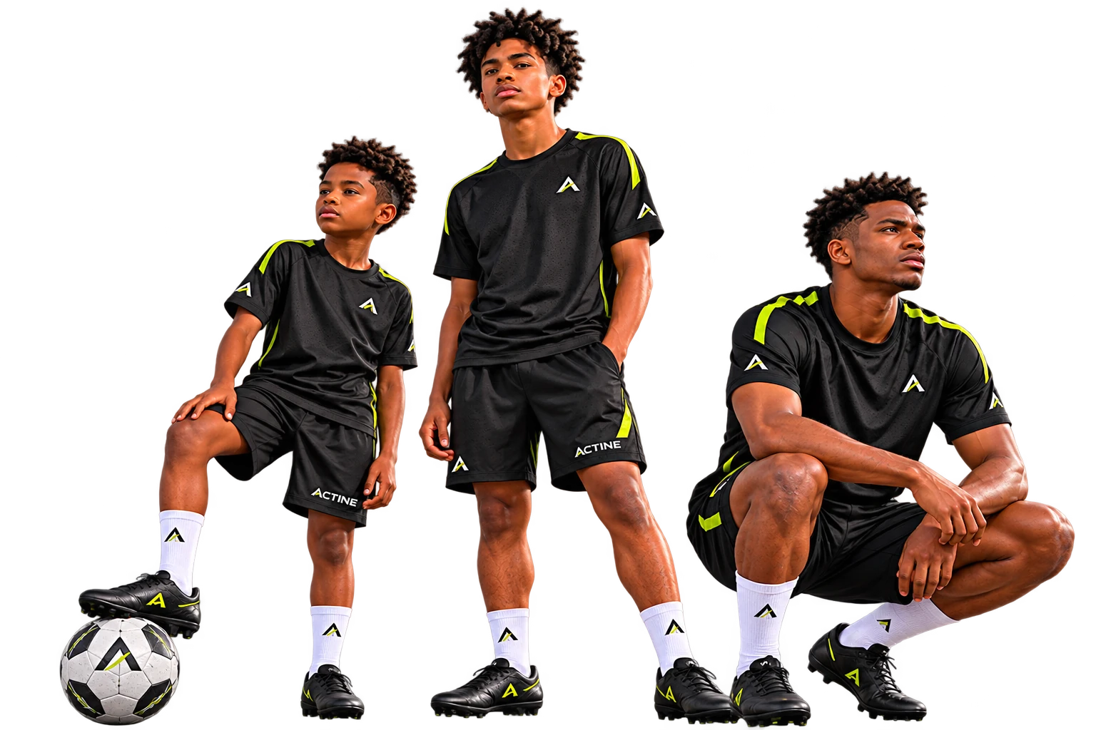 Three football athletes representing a child, teen and adult, wearing coordinated black ACTINE kits with lime accents, white socks and football boots, one with a foot on a ball.