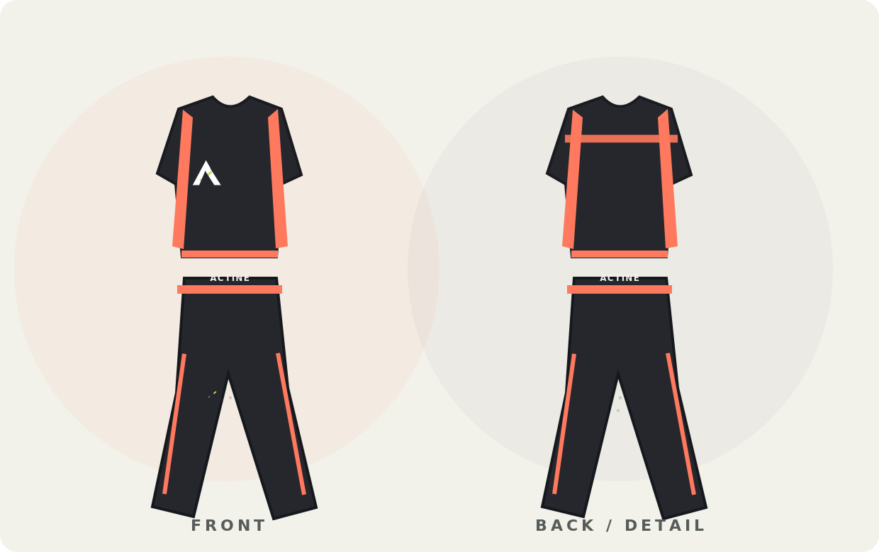 Proposed front and back garment illustration for Gym & Fitness, with original ACTINE icon placement