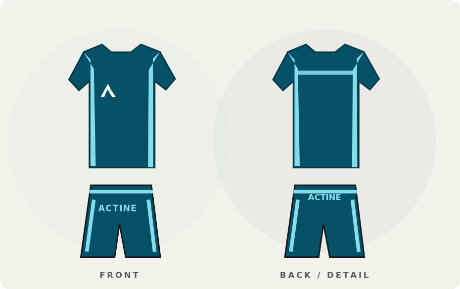Proposed front and back garment illustration for Swimming & Poolside, with original ACTINE icon placement