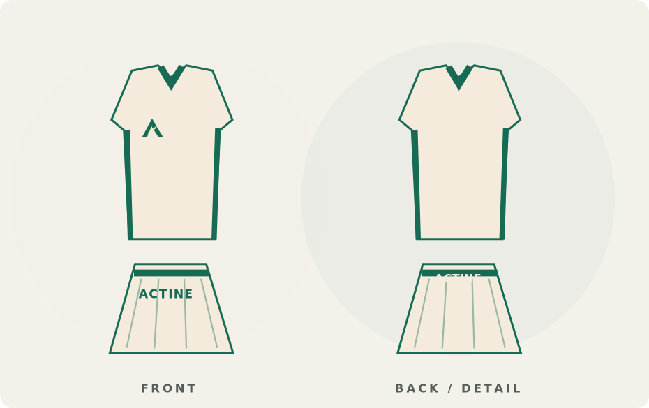 Proposed front and back garment illustration for Tennis, with original ACTINE icon placement