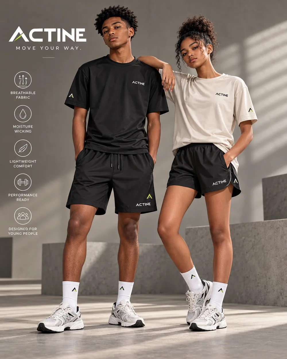 ACTINE activewear visual concept showing two young models in coordinated athletic separates
